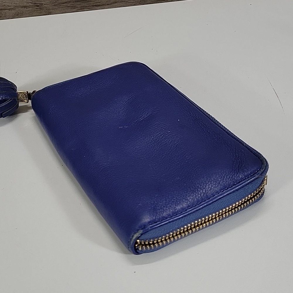 Tory Burch Royal Blue Leather Zip-Around Wallet with Tassel Pull - Picture 5 of 12